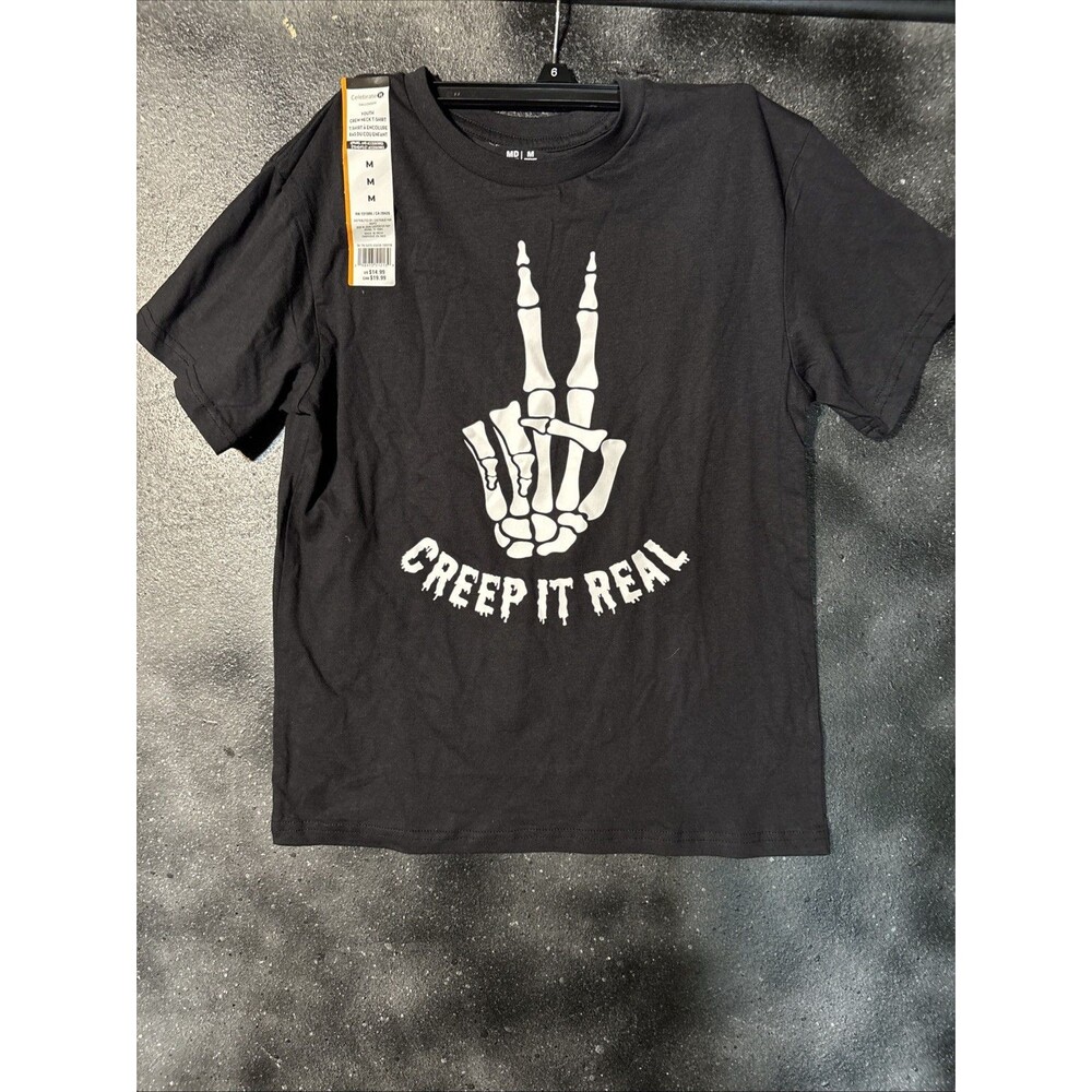 Kids M 8/10 T Shirt Skeleton Hand Peace Sign CREEP IT REAL, NEW Halloween
